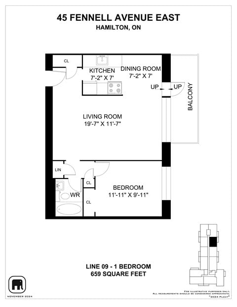 Floor plan for 1 bed, 1 bath, 649 sqft